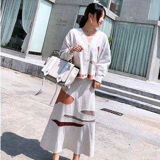 Set: Color Block Cardigan + Knitted Midi A-line Skirt
