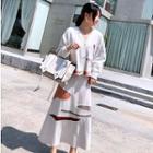 Set: Color Block Cardigan + Knitted Midi A-line Skirt