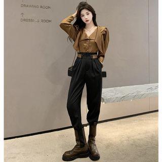 Details Puff-sleeve Satin Shirt / Details High-waist Tapered Dress Pants
