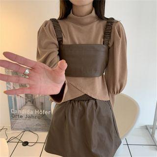 Faux Leather Top / Skirt / Puff-sleeve Blouse