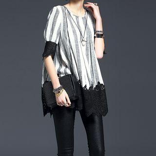 Lace Trim Striped Elbow-sleeve Top