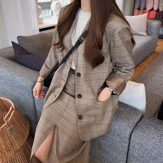 Plaid Single-breasted Blazer / Midi A-line Skirt