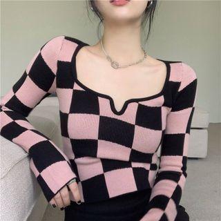 Square-neck Plaid Long-sleeve Knit Top