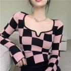 Square-neck Plaid Long-sleeve Knit Top