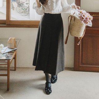 Pleated Wool Blend Long Skirt