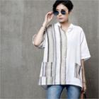 Mandarin-collar Asymmetric Stripe Linen Shirt