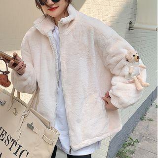 Bear Applique Zip-up Fleece Jacket