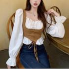 Mock Two-piece Long-sleeve Lace-up Frill Trim Top