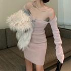 Long-sleeve Off-shoulder Bodycon Dress Pink - One Size