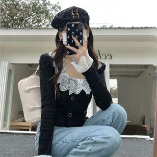 Lace Trim Double-breasted Knit Top