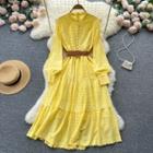 Long-sleeve Round-neck Plain Cutout Embroidered Dress
