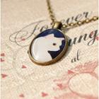 Retro Cat Print Pendant Necklace Dark Blue & White - One Size