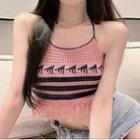 Halter Neck Fringed Knit Camisole Top Pink - One Size
