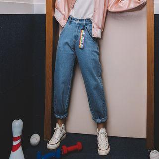Washed Straight-leg Jeans With Rainbow Strap
