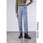 Asymmetric High-waist Rolled Straight-cut Jeans