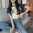 Short-sleeve Print Raglan T-shirt Almond & Black Blue - One Size