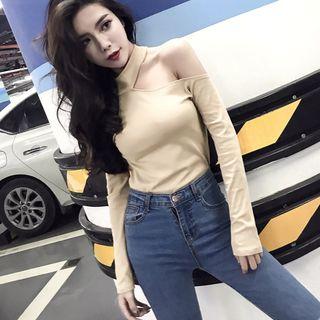 Mock-neck One Shoulder Long-sleeve Top