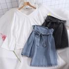 Set Of 2: Long-sleeve Top + Denim Irregular Skirt