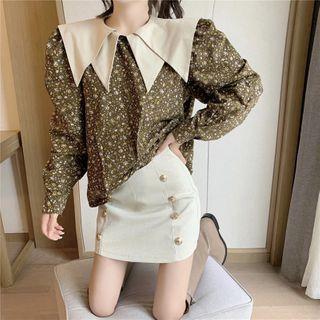 Floral Long-sleeve Blouse / High Waist Button Skirt