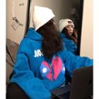 Lettering Heart Print Hoodie Blue - One Size