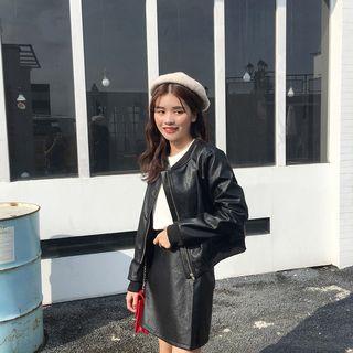 Set: Faux Leather Zip Jacket + Mini A-line Skirt