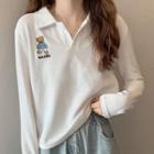 Long-sleeve Bear Embroidered Collared Top