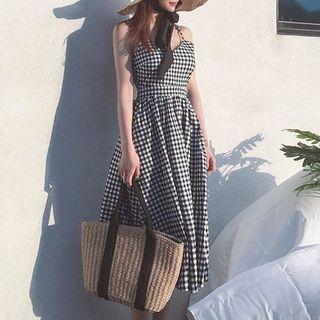 Spaghetti Strap Gingham A-line Midi Dress