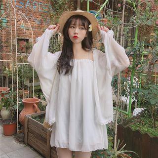 Open Front Lace Trim Jacket / Off-shoulder 3/4-sleeve Dress