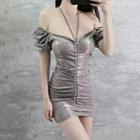 Short-sleeve Halter-neck Glittered Mini Dress