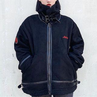 Belt-detail Letter Embroidered Zip Coat