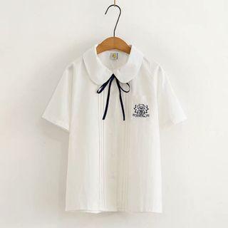 Cartoon Bear Embroidered Short-sleeve Tie-neck Blouse