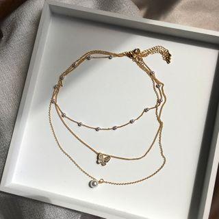Faux Pearl Alloy Butterfly Pendant Layered Choker Necklace 1 Set - Necklace - One Size