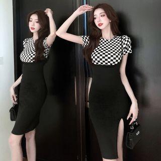 Set Of 2: Short-sleeve Plaid Top + Spaghetti-strap Plain Side-slit Jumper Dress