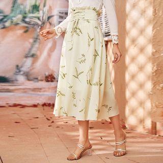 Leaf Print Midi A-line Skirt Almond - S