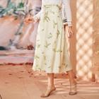 Leaf Print Midi A-line Skirt Almond - S