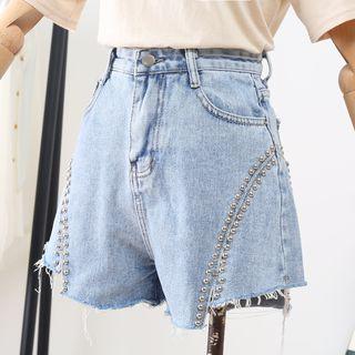 Bead High-waist Denim Shorts