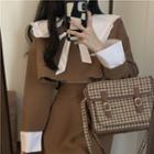 Long-sleeve Tie-neck Contrast Trim Crop Top / Mini A-line Skirt