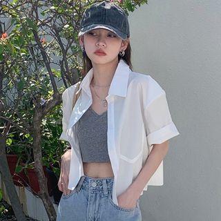 Elbow-sleeve Plain Crop Cargo Shirt