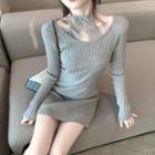 Long-sleeve Lace Trim Knit Mini Bodycon Dress