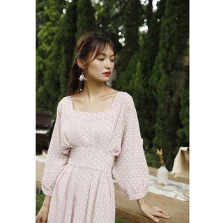 Puff-sleeve Dot Square-neck Midi Dress