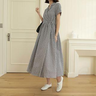 Notch-collar Gingham Maxi Wrap Dress