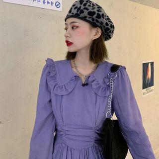 Long-sleeve Collared Midi A-line Dress Purple - One Size