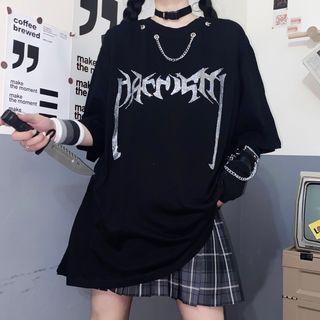 Elbow-sleeve Chained Rhinestone Lettering T-shirt