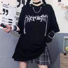 Elbow-sleeve Chained Rhinestone Lettering T-shirt