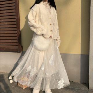 Midi A-line Mesh Skirt / Cardigan