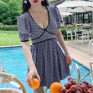 Short-sleeve Gingham Swim Dress