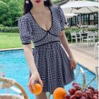 Short-sleeve Gingham Swim Dress