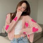 Long-sleeve Heart Embroidered Cropped Cardigan Pink - One Size
