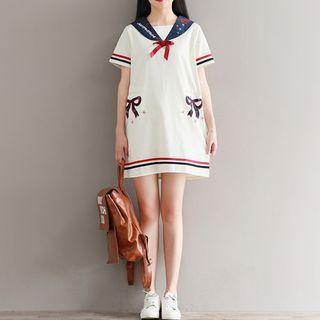 Embroidered Sailor Collar Short-sleeve Dress