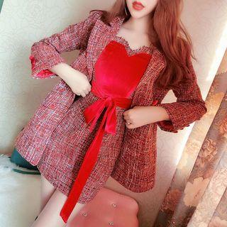 Set: Velvet Panel Spaghetti Strap Dress + Blazer